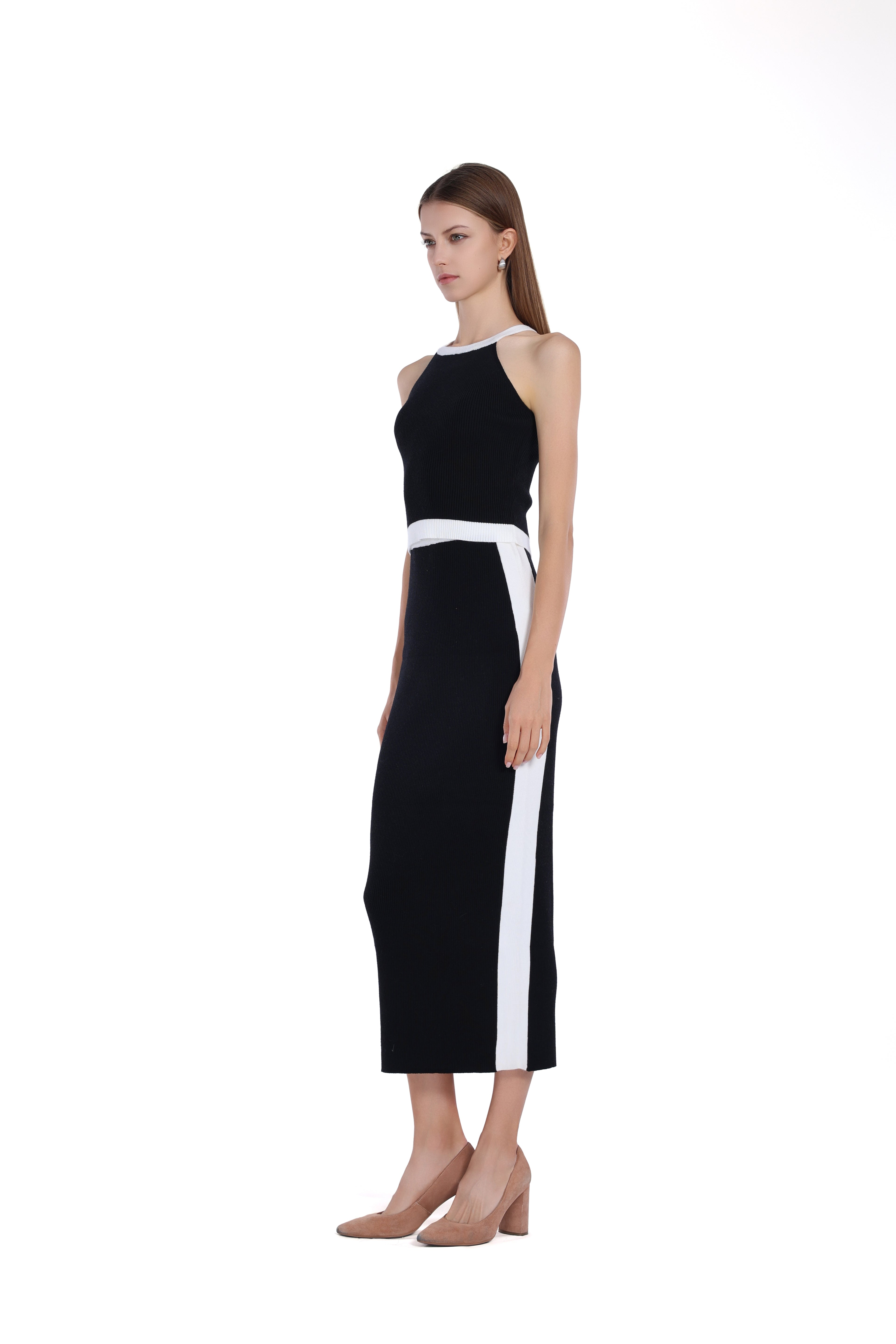 Sleeveless Contrast Trim Halter Top & Matching Skirt 2Pics Suit