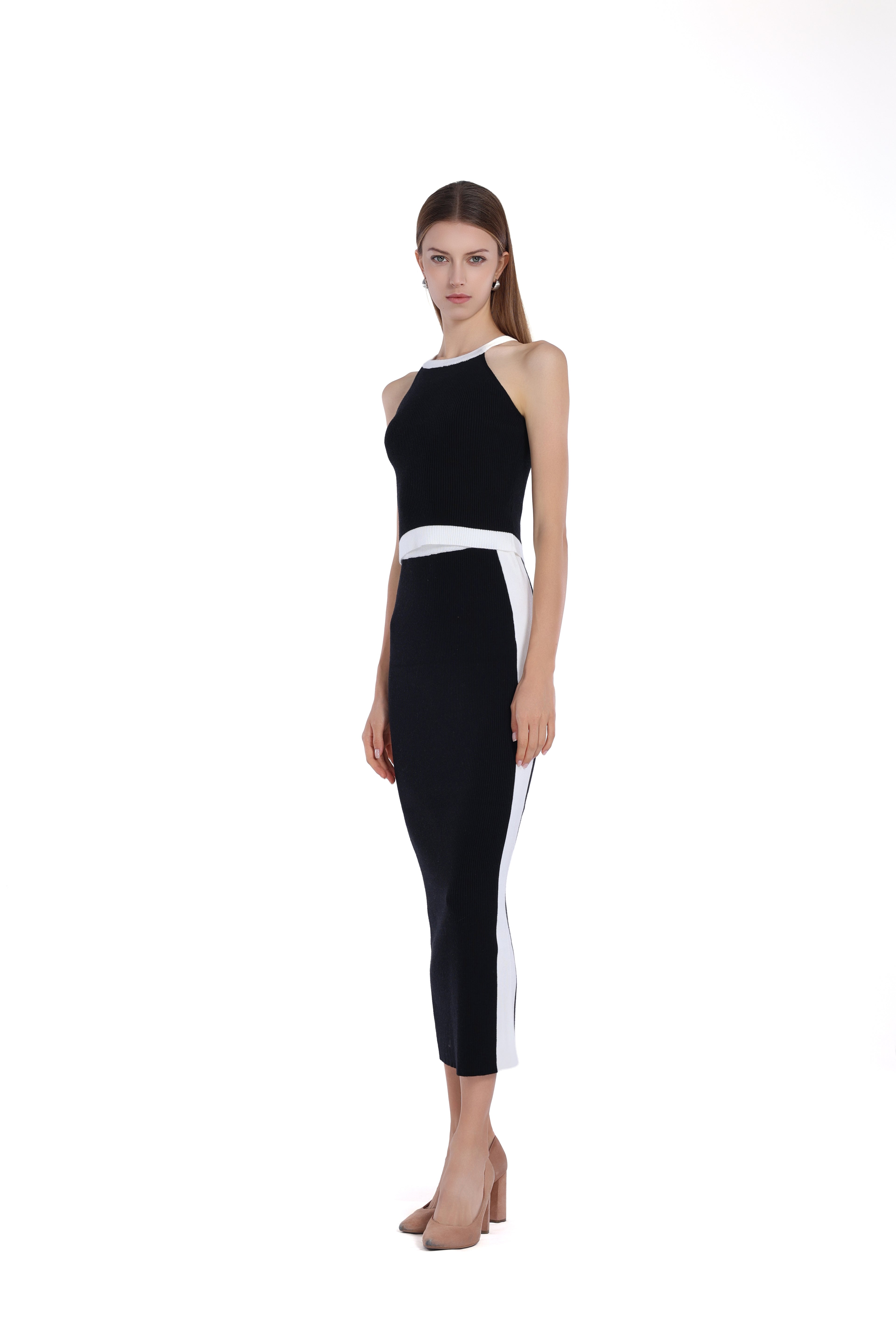 Sleeveless Contrast Trim Halter Top & Matching Skirt 2Pics Suit