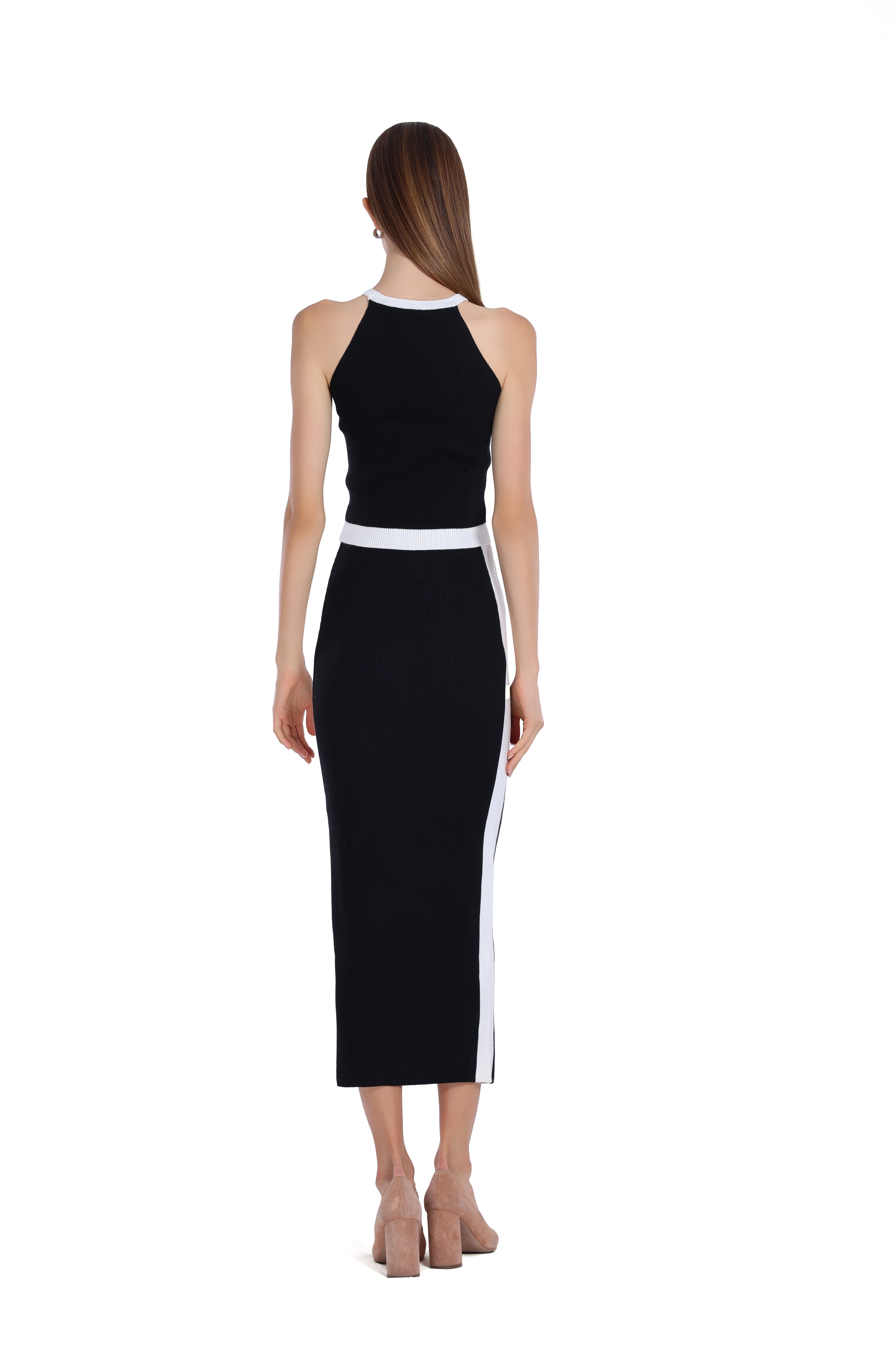 Sleeveless Contrast Trim Halter Top & Matching Skirt 2Pics Suit