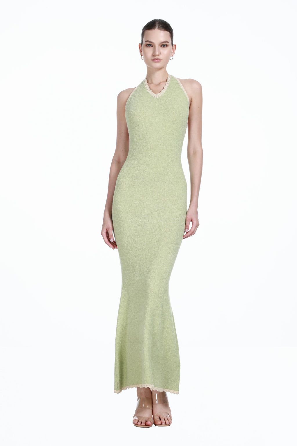 Lace-up V-neck Contrast Trim Sleeveless Backless Mermaid Knitted Maxi Dress