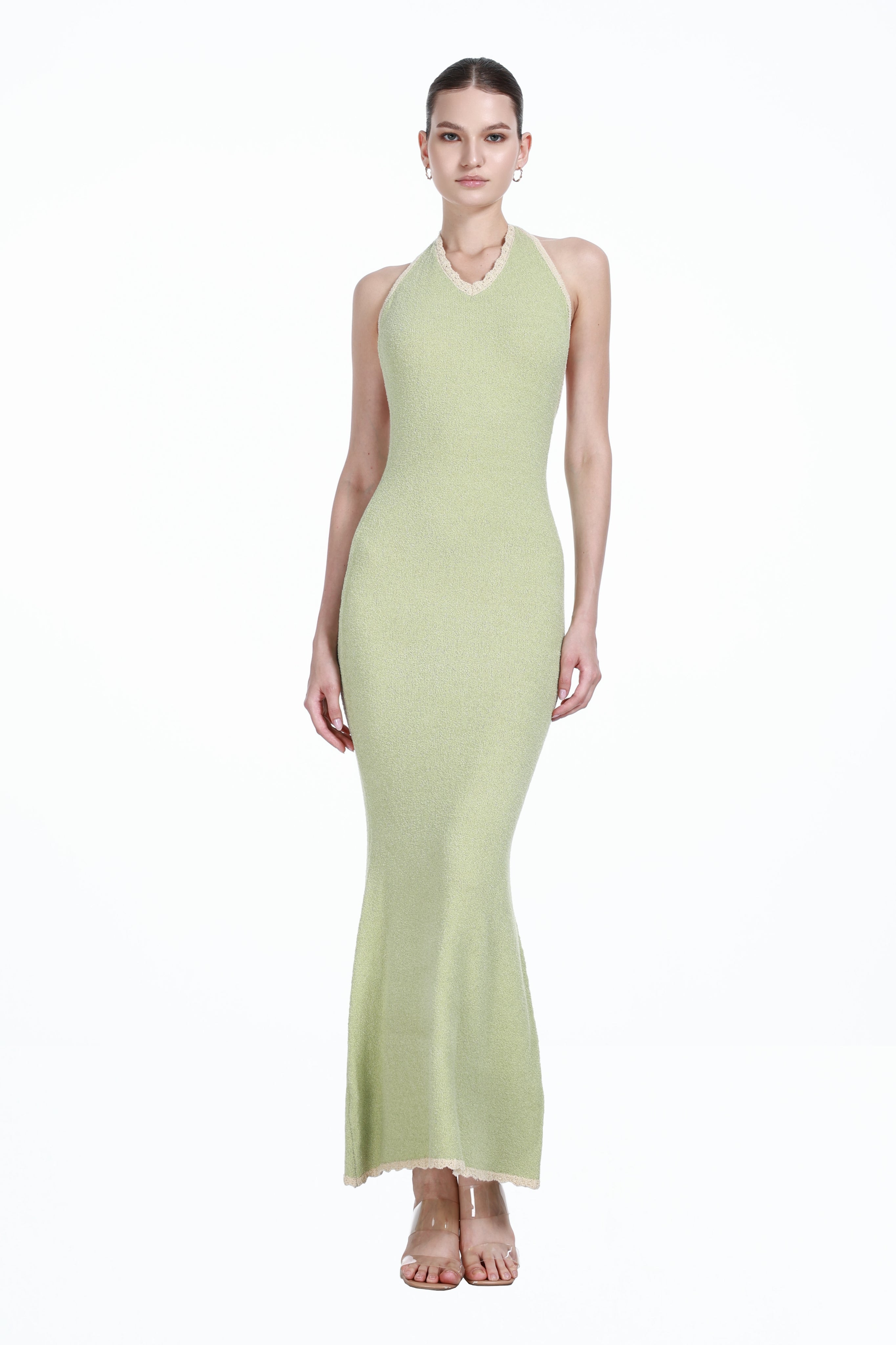 Lace-up V-neck Contrast Trim Sleeveless Backless Mermaid Knitted Maxi Dress