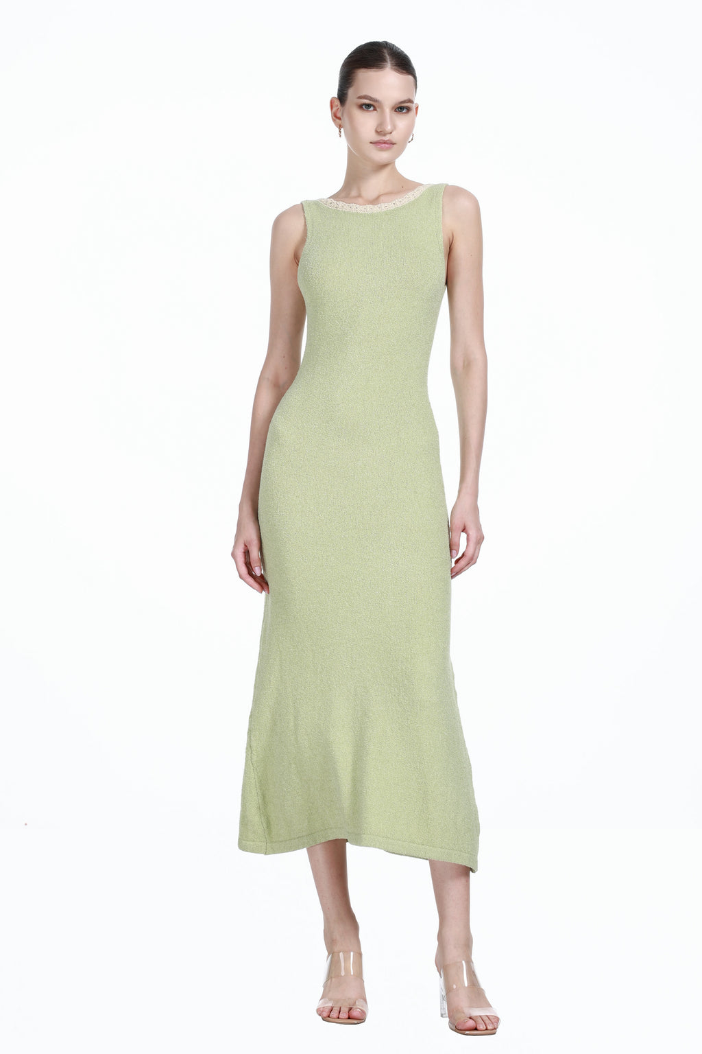 Boat Neck Contrast Trim Sleeveless A-line Gown Knitted Maxi Dress