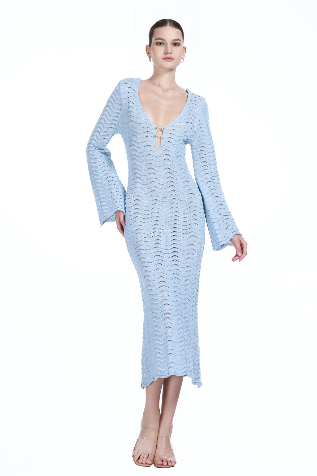 V-neck Long Bell Sleeve Hollow-out Design Back Strap Detail Knitted Dress