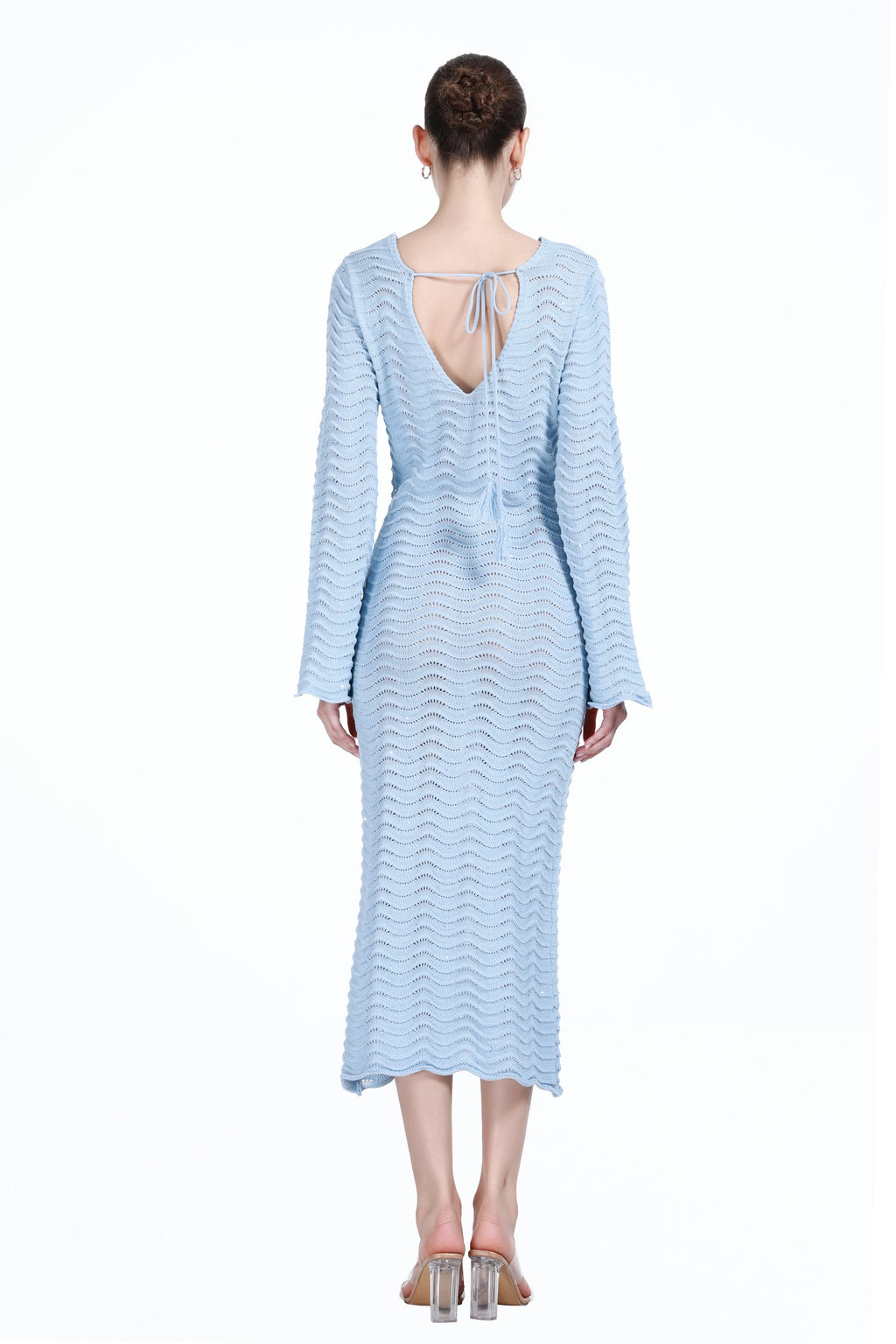 V-neck Long Bell Sleeve Hollow-out Design Back Strap Detail Knitted Dress
