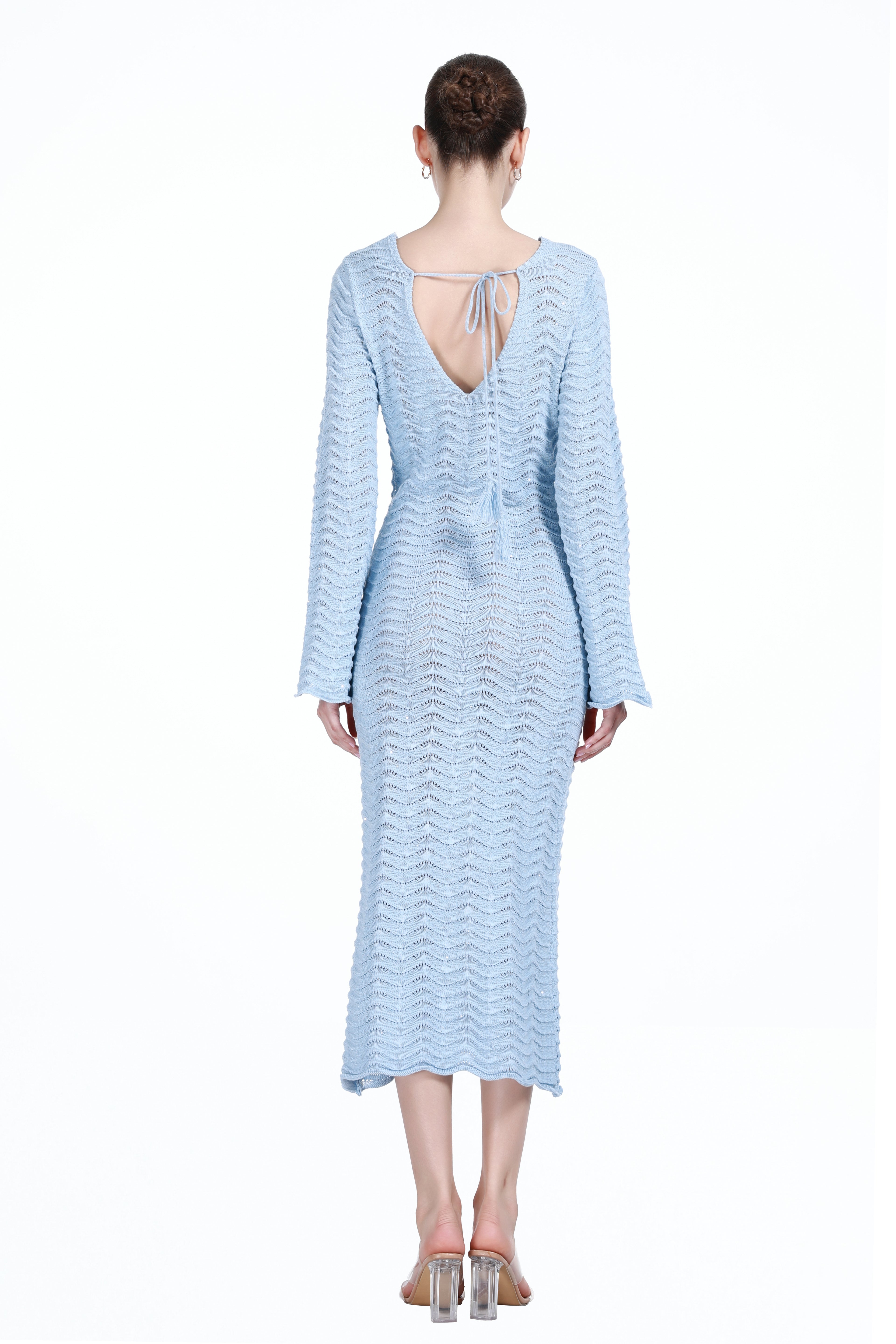V-neck Long Bell Sleeve Hollow-out Design Back Strap Detail Knitted Dress