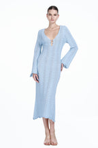 V-neck Long Bell Sleeve Hollow-out Design Back Strap Detail Knitted Dress