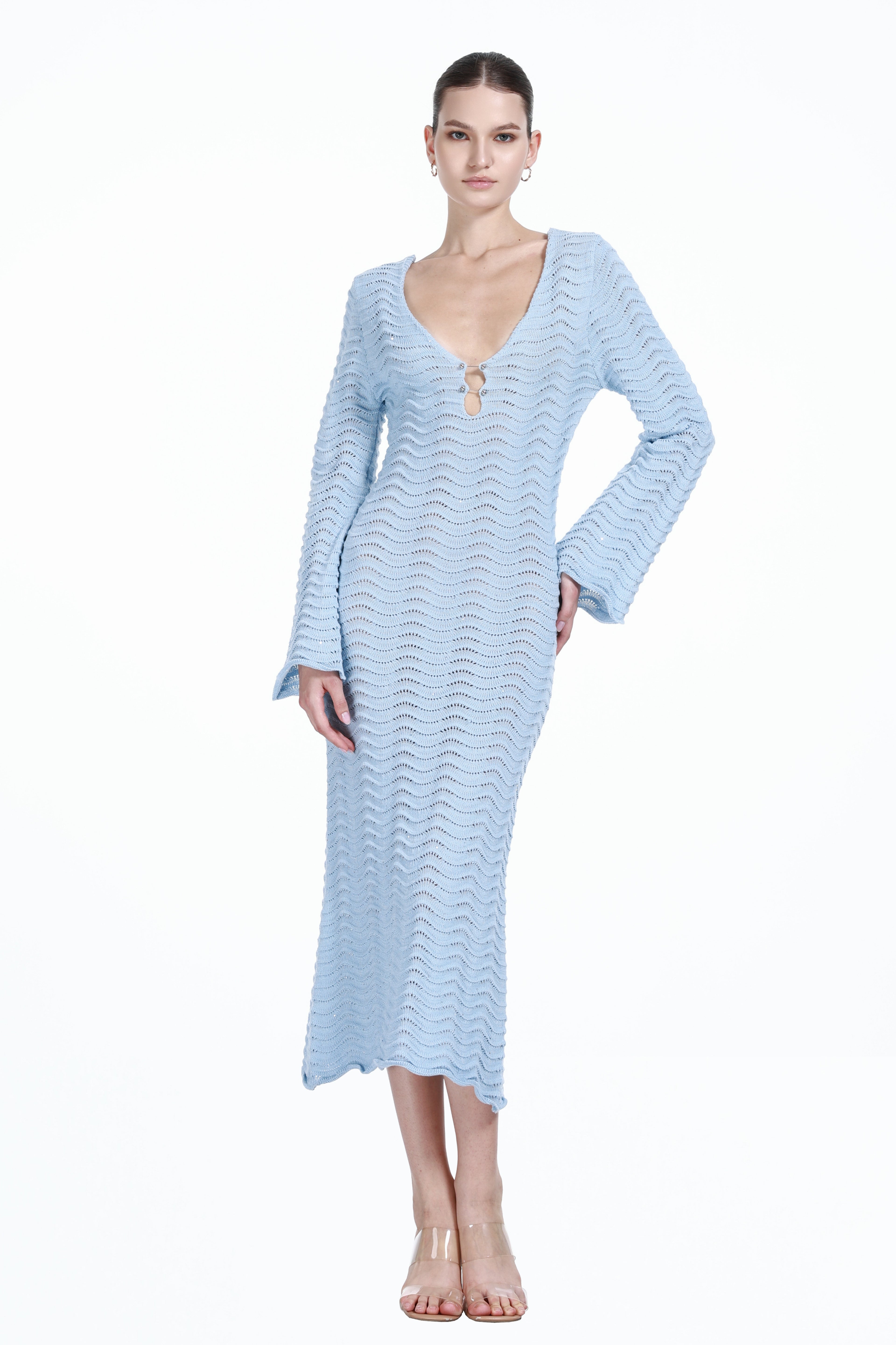 V-neck Long Bell Sleeve Hollow-out Design Back Strap Detail Knitted Dress