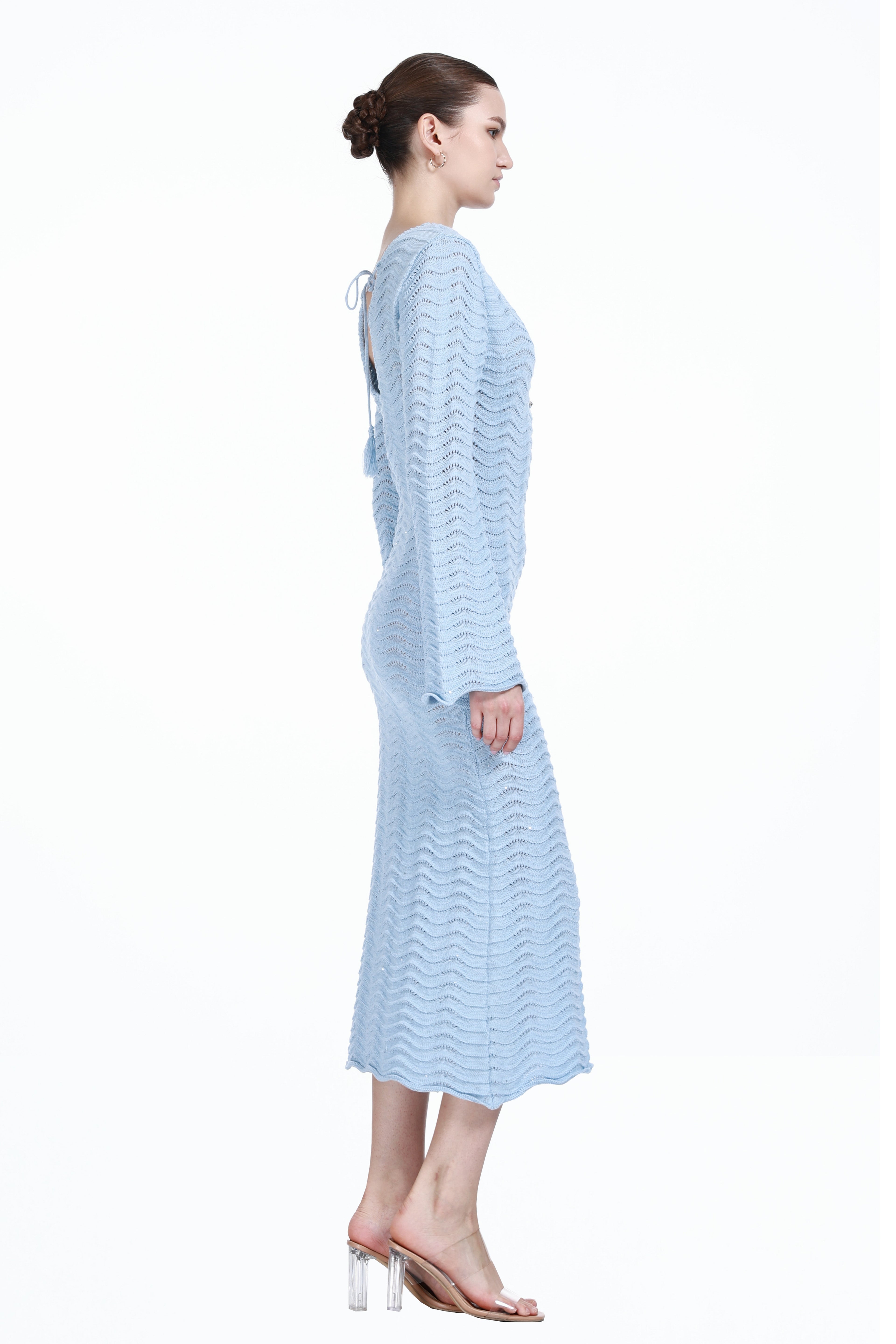 V-neck Long Bell Sleeve Hollow-out Design Back Strap Detail Knitted Dress