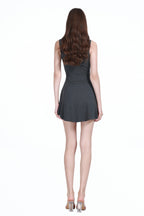 Square Neck Sleeveless A-line Silhouette Pleated Slim Fit Knitted Mini Dress