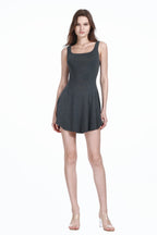 Square Neck Sleeveless A-line Silhouette Pleated Slim Fit Knitted Mini Dress