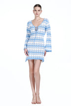 V-neck Long Bell Sleeve Lace-up Detail Hollow-out Design Stripes Knitted Mini Dress