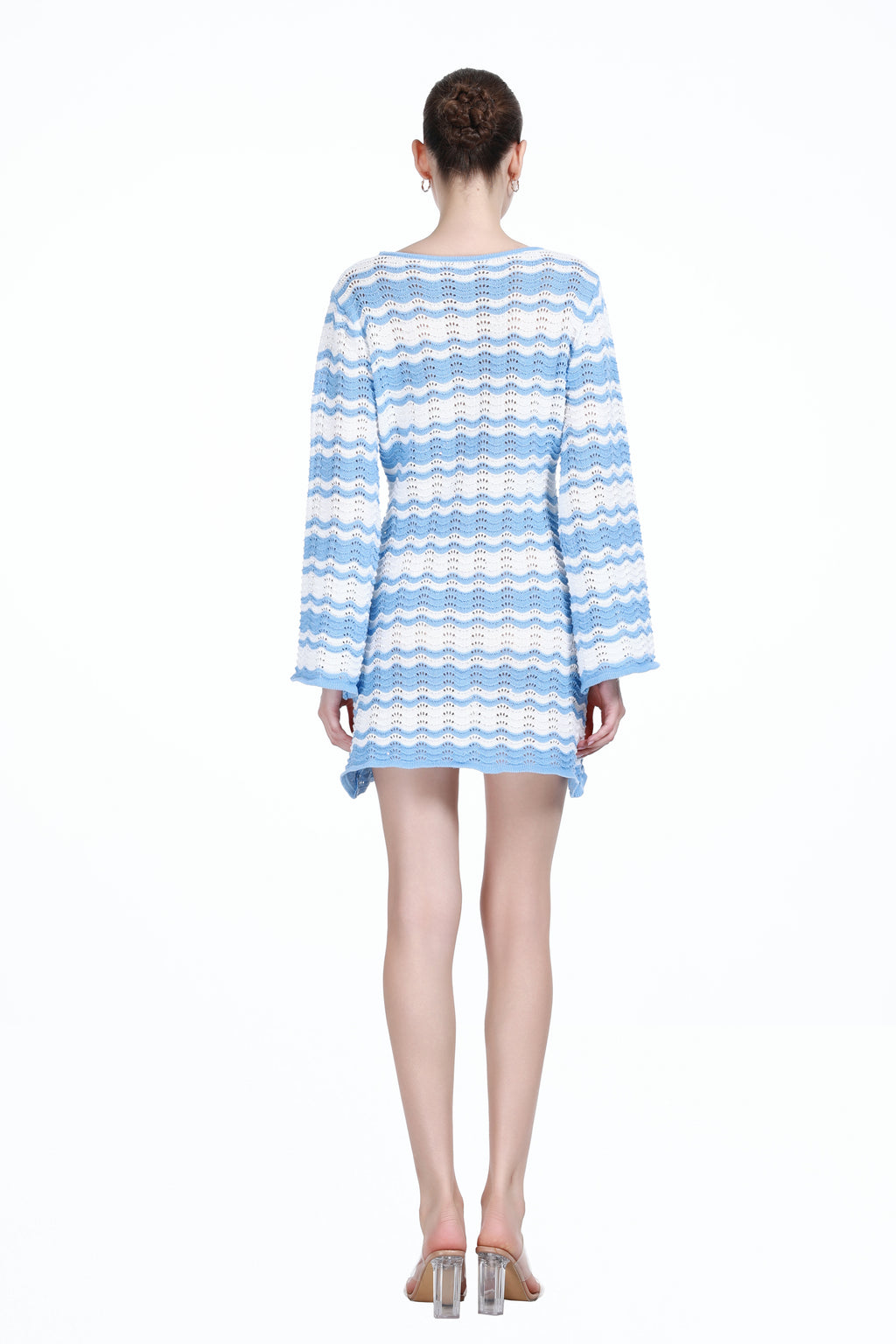 V-neck Long Bell Sleeve Lace-up Detail Hollow-out Design Stripes Knitted Mini Dress