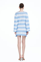 V-neck Long Bell Sleeve Lace-up Detail Hollow-out Design Stripes Knitted Mini Dress