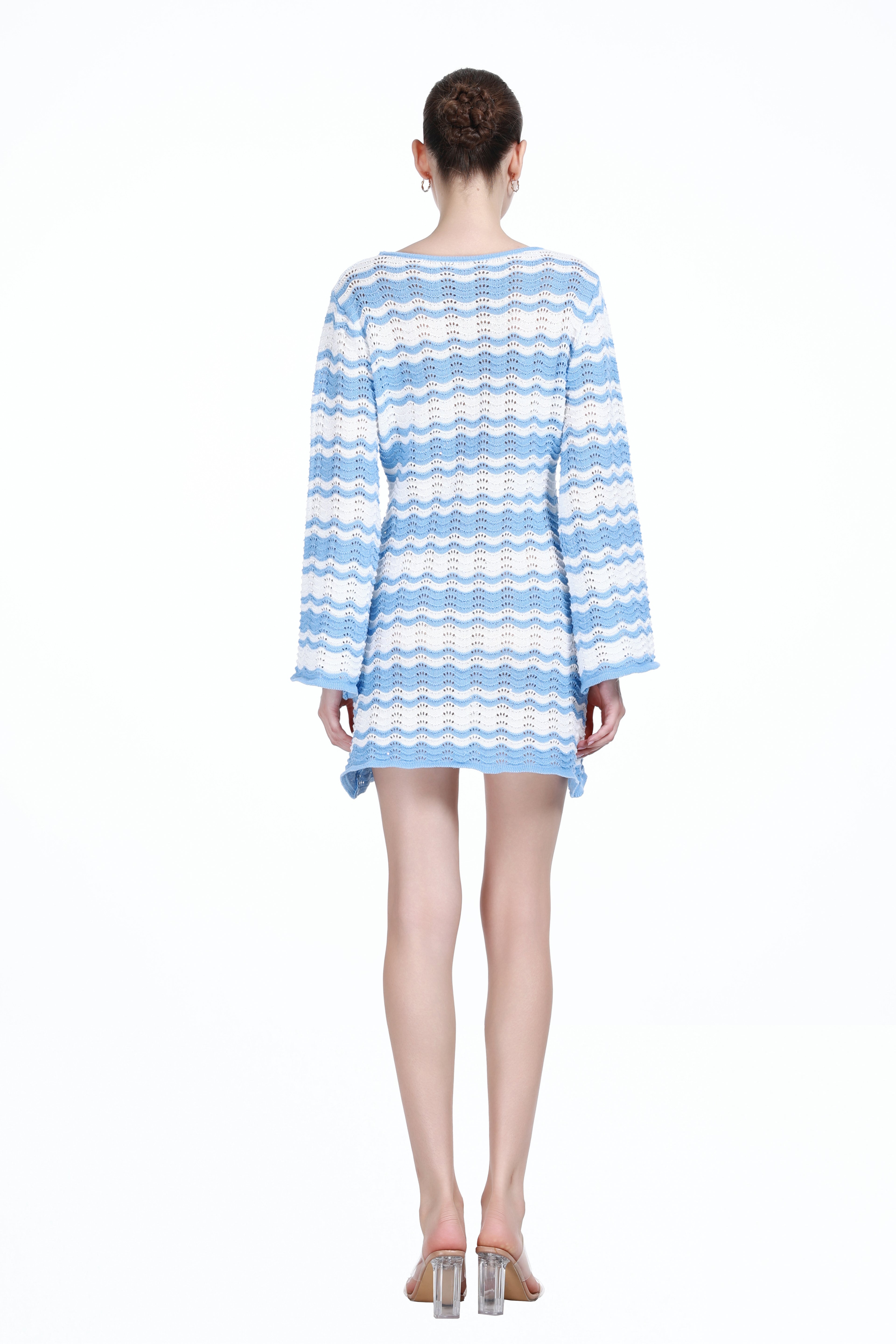 V-neck Long Bell Sleeve Lace-up Detail Hollow-out Design Stripes Knitted Mini Dress