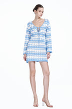V-neck Long Bell Sleeve Lace-up Detail Hollow-out Design Stripes Knitted Mini Dress
