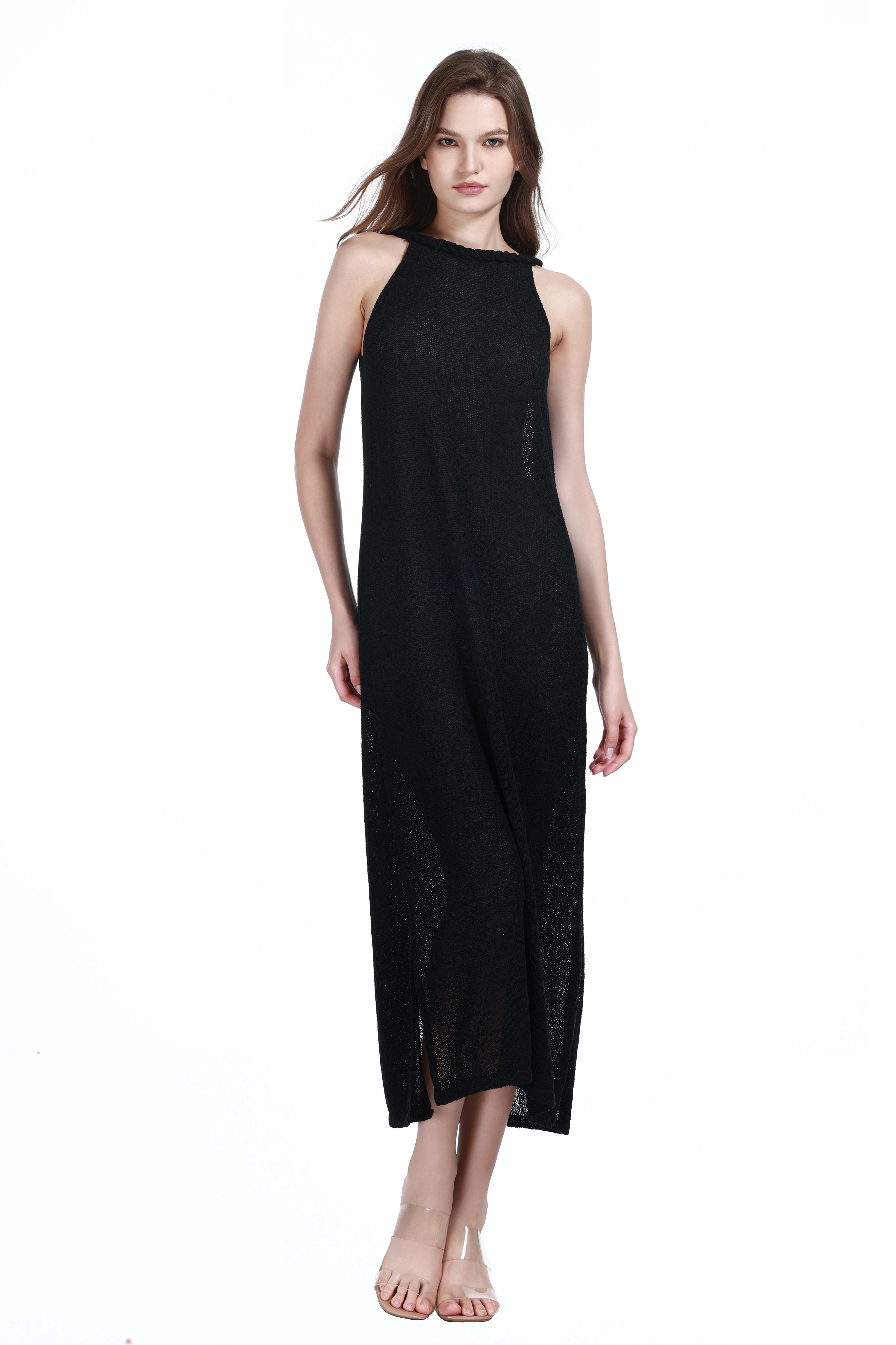 Crew Neck Sleeveless Slit Translucent Straight-cut Knitted Maxi Thin Dress