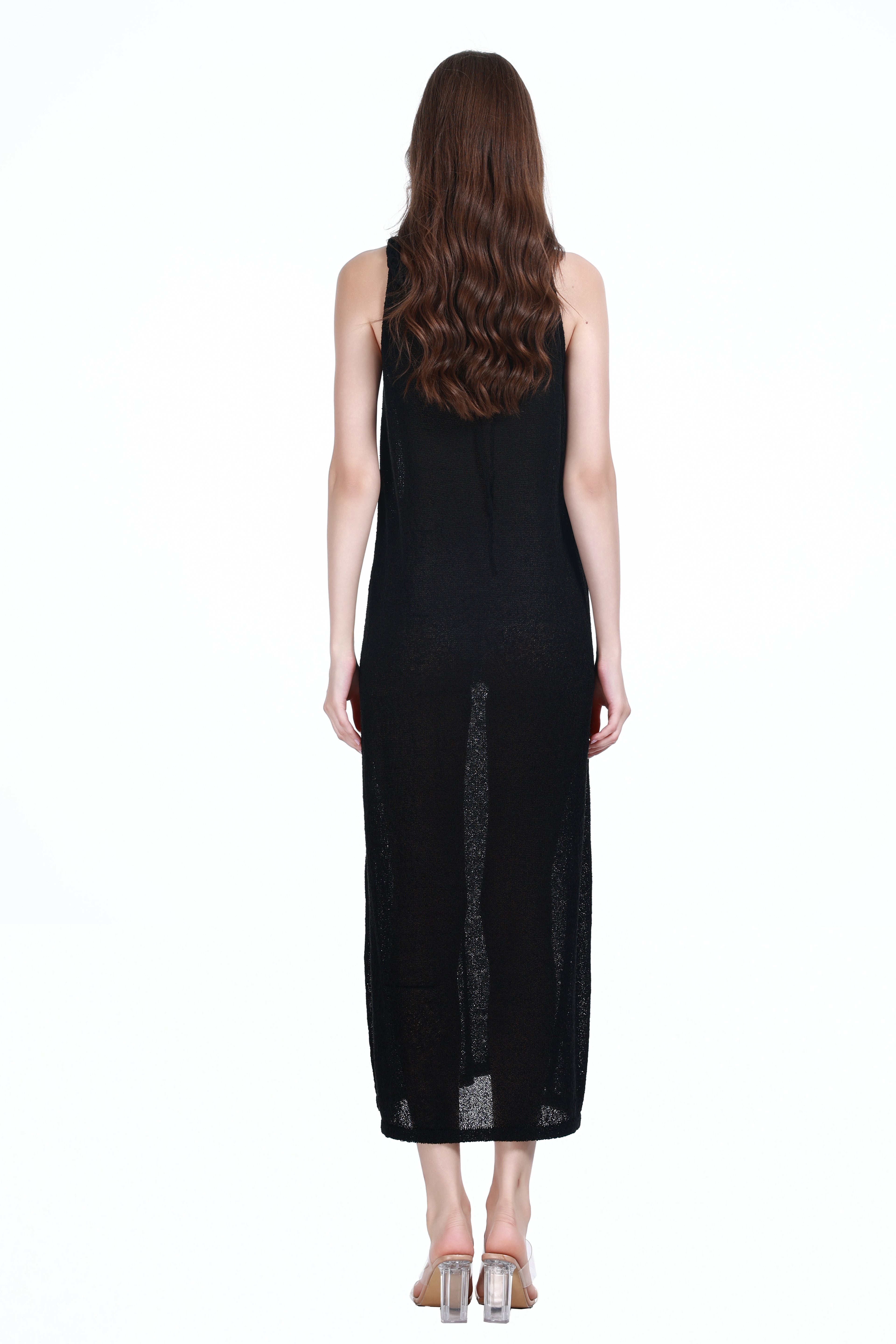 Crew Neck Sleeveless Slit Translucent Straight-cut Knitted Maxi Thin Dress