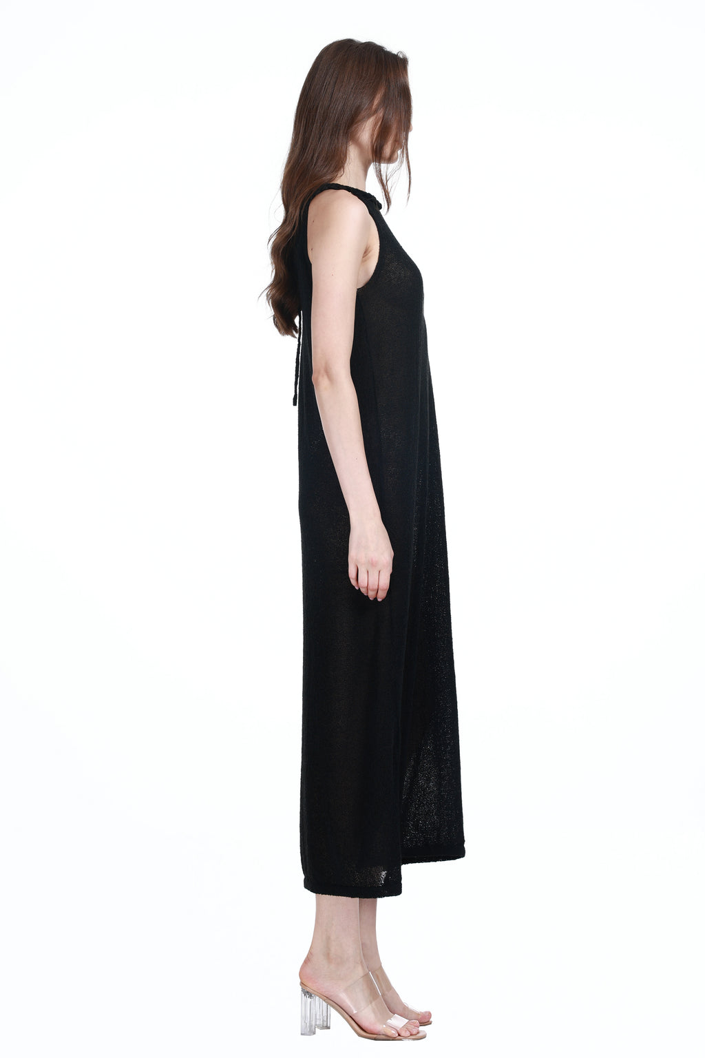 Crew Neck Sleeveless Slit Translucent Straight-cut Knitted Maxi Thin Dress