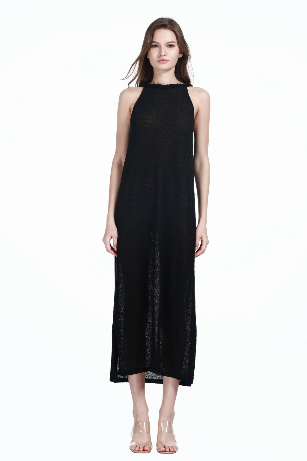 Crew Neck Sleeveless Slit Translucent Straight-cut Knitted Maxi Thin Dress