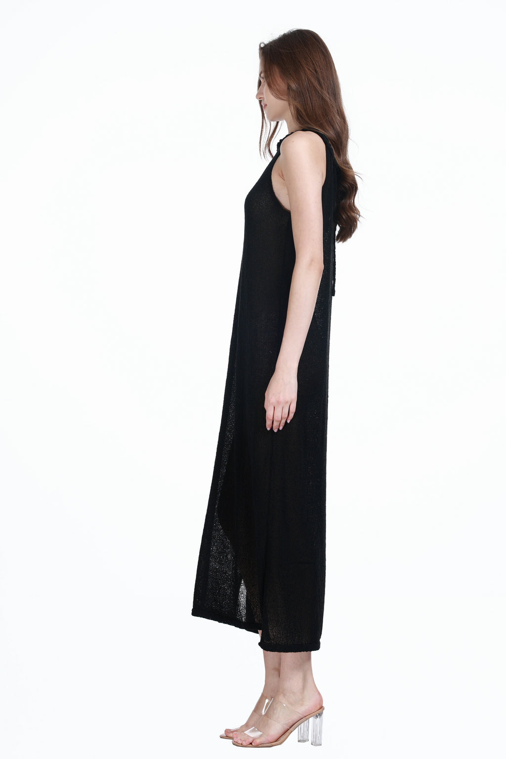 Crew Neck Sleeveless Slit Translucent Straight-cut Knitted Maxi Thin Dress