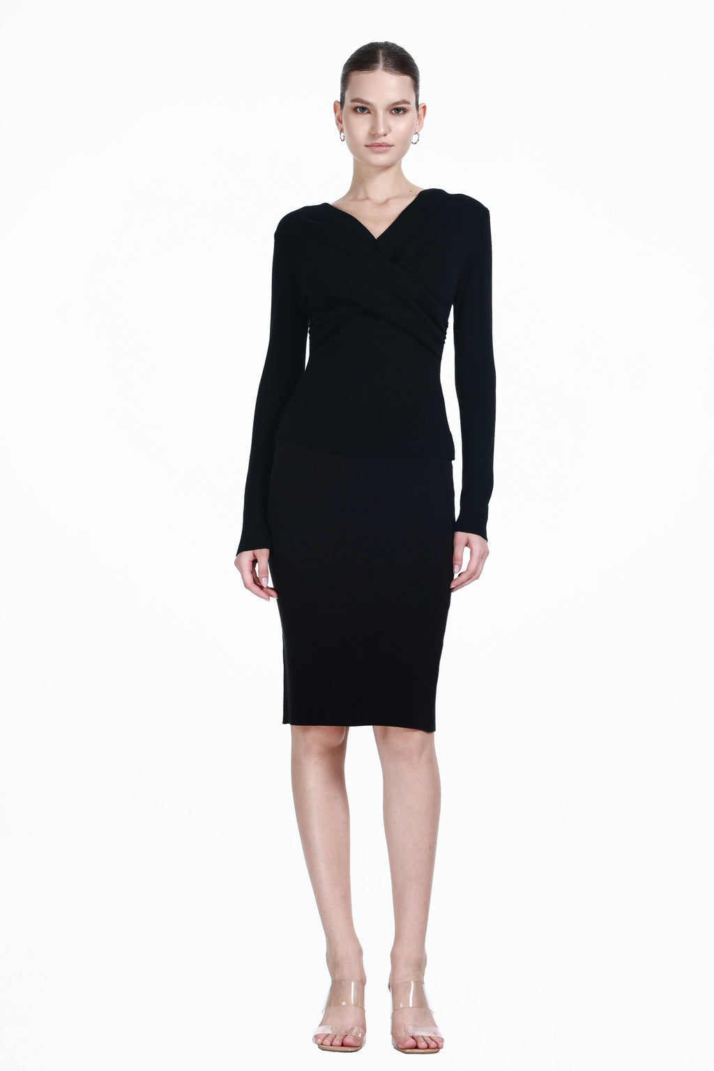 Crossover V-neck Long Sleeve Solid Slim-fit Knitted Thin Top