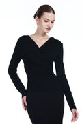 Crossover V-neck Long Sleeve Solid Slim-fit Knitted Thin Top