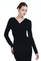 Crossover V-neck Long Sleeve Solid Slim-fit Knitted Thin Top