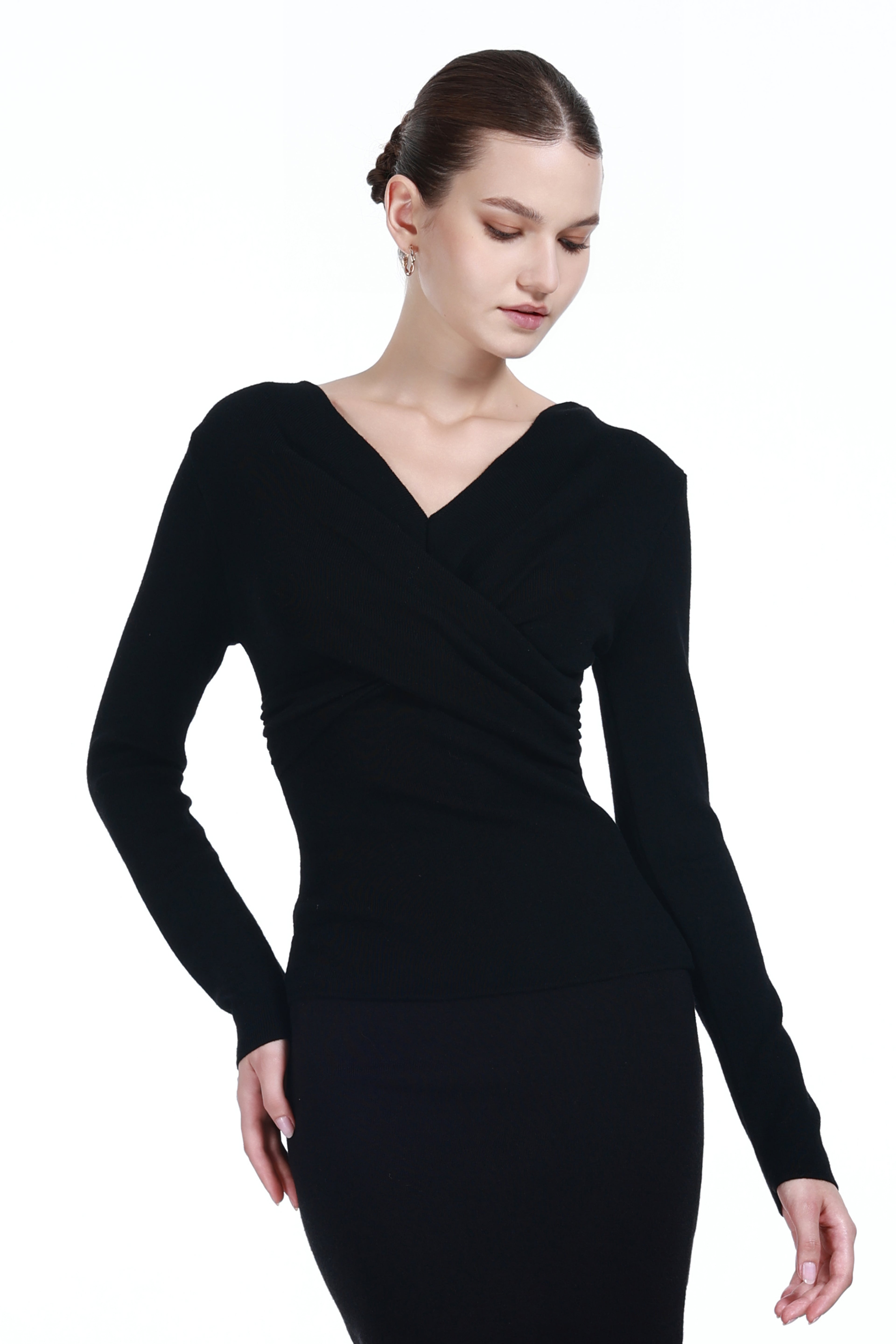 Crossover V-neck Long Sleeve Solid Slim-fit Knitted Thin Top