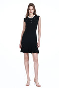 Ruffled Contrasted Neck Sleeveless Silver Irregular Button Knitted Solid Dress