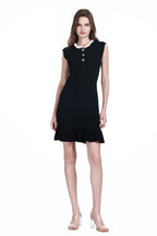 Ruffled Contrasted Neck Sleeveless Silver Irregular Button Knitted Solid Dress