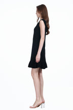 Ruffled Contrasted Neck Sleeveless Silver Irregular Button Knitted Solid Dress