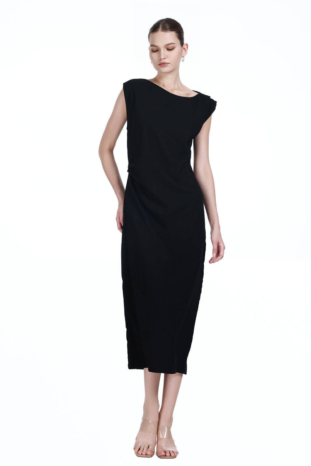 Asymmetrical Neckline Sleeveless Pleated Design Solid  Knitted Dress