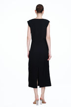Asymmetrical Neckline Sleeveless Pleated Design Solid  Knitted Dress
