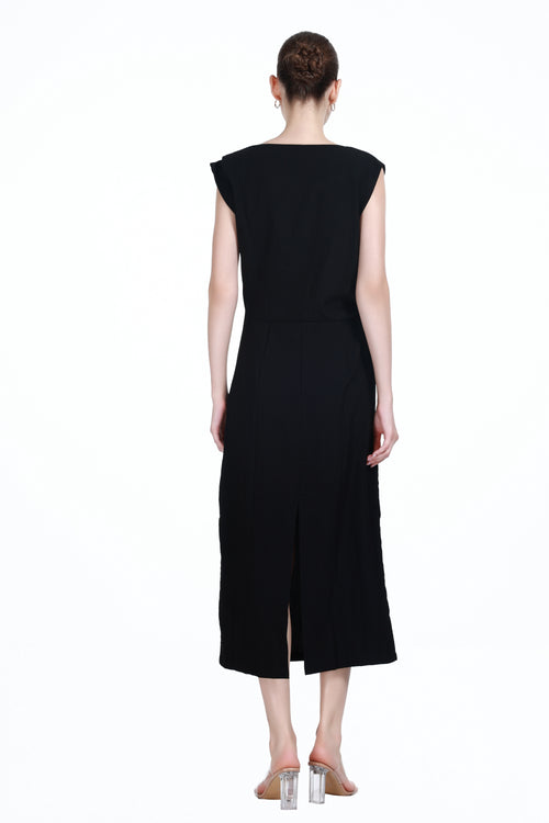 Asymmetrical Neckline Sleeveless Pleated Design Solid  Knitted Dress