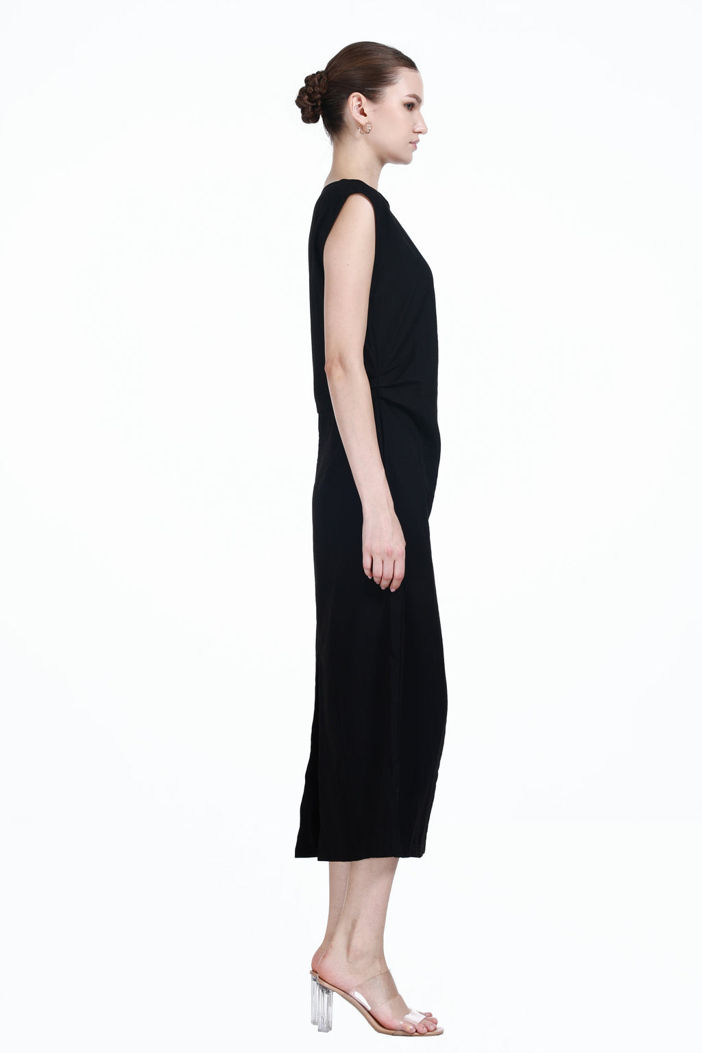Asymmetrical Neckline Sleeveless Pleated Design Solid  Knitted Dress