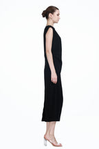 Asymmetrical Neckline Sleeveless Pleated Design Solid  Knitted Dress