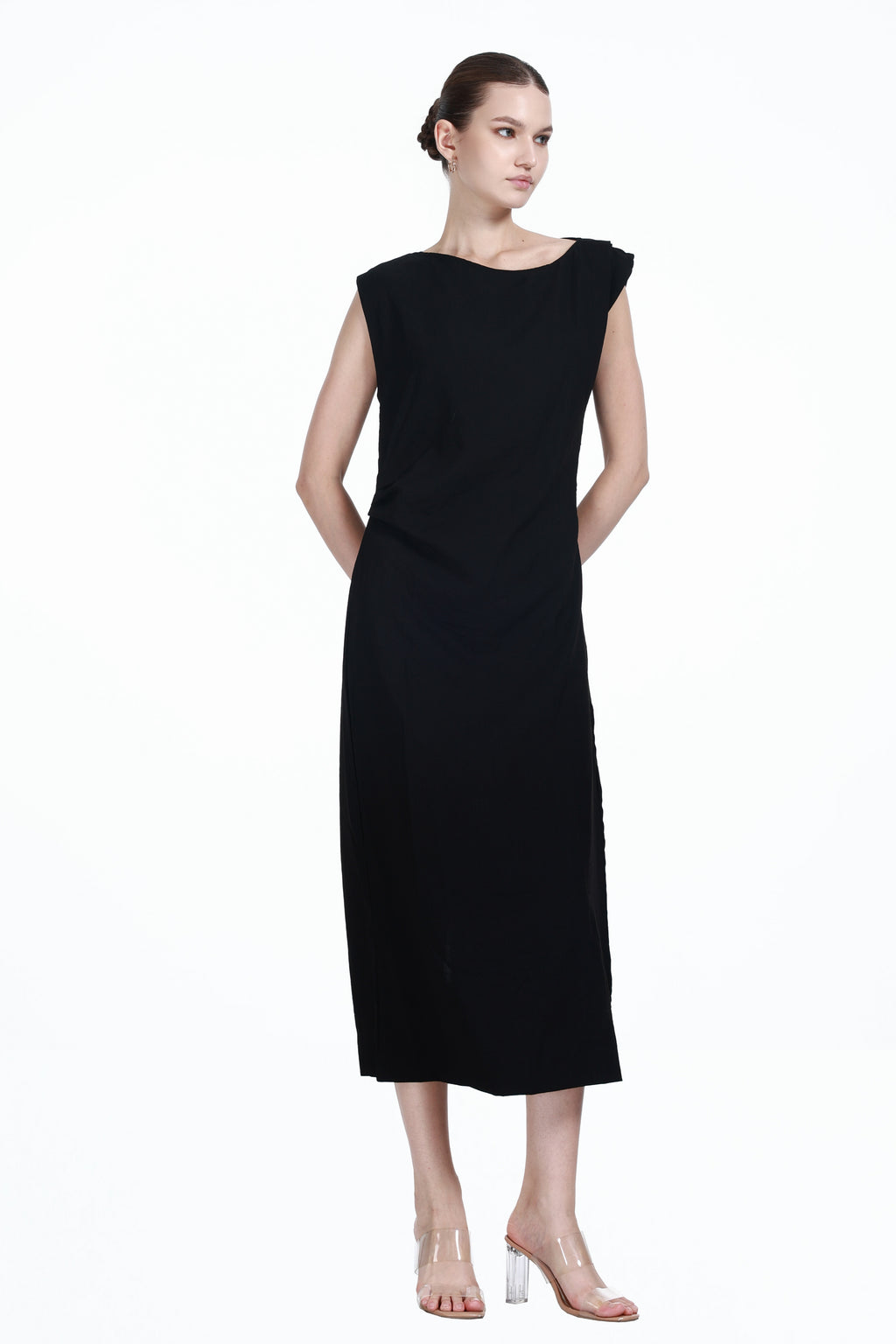 Asymmetrical Neckline Sleeveless Pleated Design Solid  Knitted Dress
