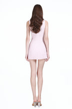 Scoop Neck Sleeveless Button Design Solid Pleated Knitted Mini Dress