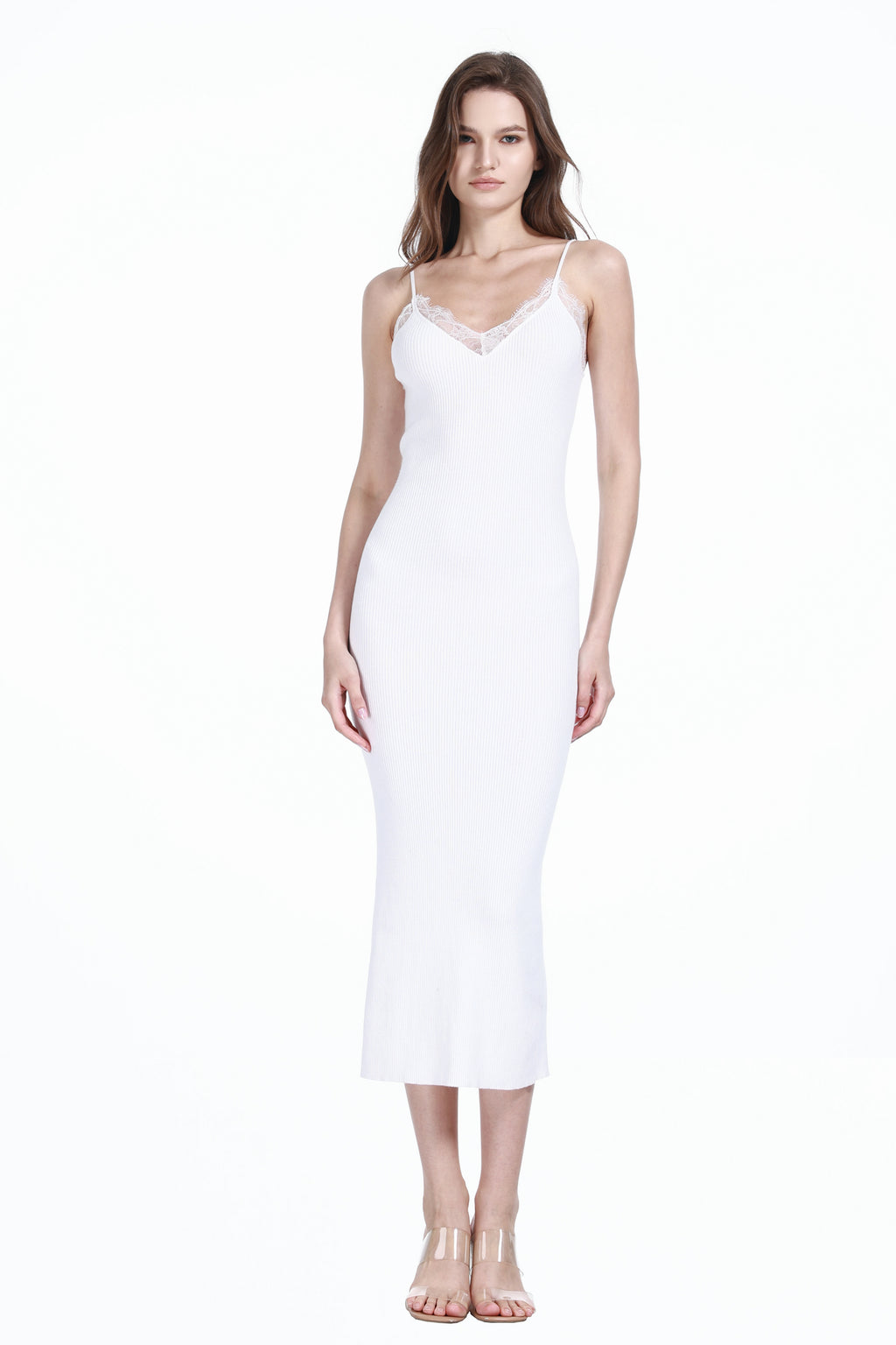 Spaghetti Strap Sleeveless Less Trim Bodycon Knitted Midi Dress
