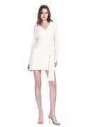 Polo Collar V-neck Long Sleeve Asymmetric-tie Waist Knitted Mini Dress