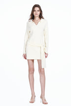 Polo Collar V-neck Long Sleeve Asymmetric-tie Waist Knitted Mini Dress
