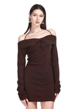 Off-shoulder Spaghetti Foldover Collar Lace-up Knitted Mini Dress