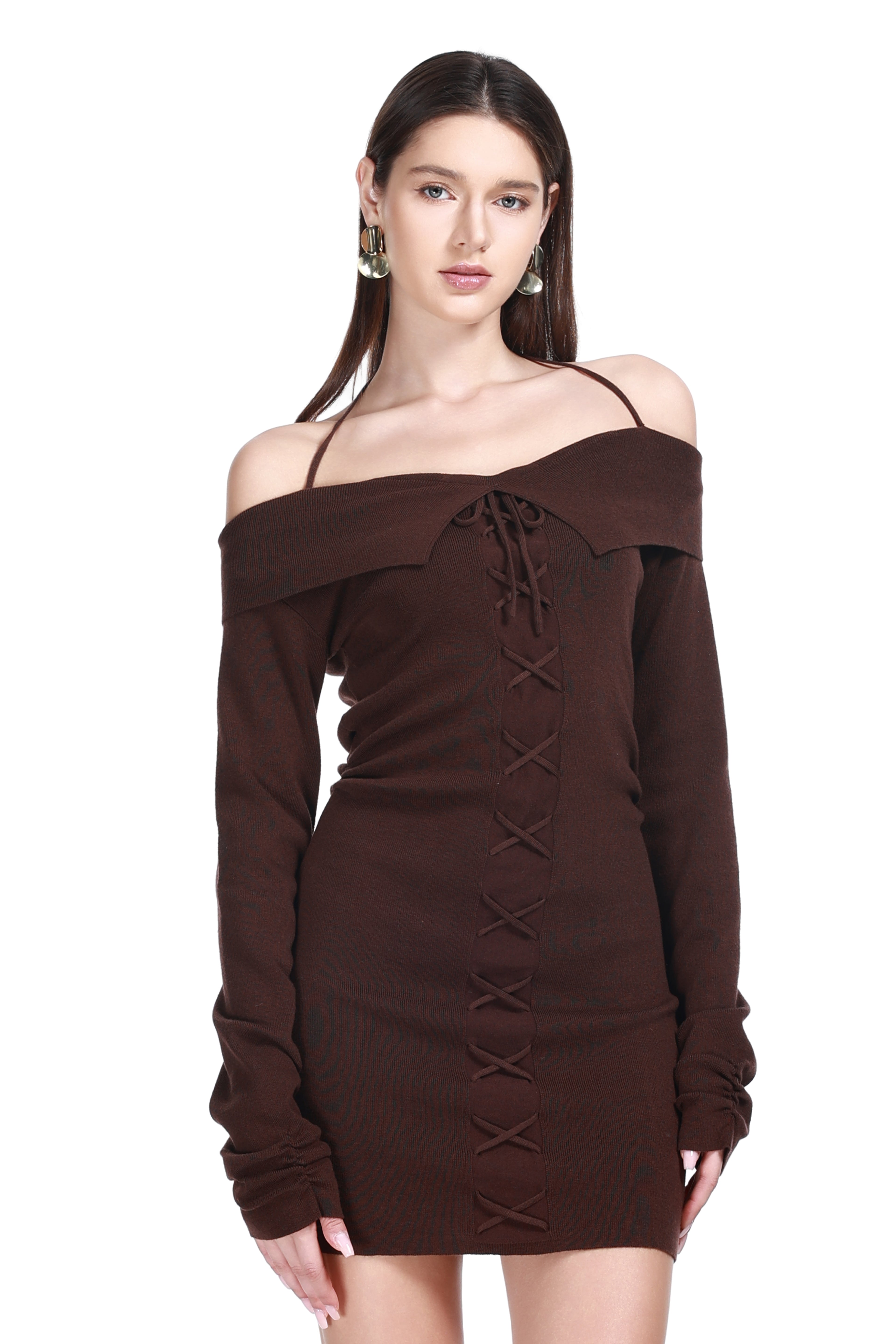 Off-shoulder Spaghetti Foldover Collar Lace-up Knitted Mini Dress