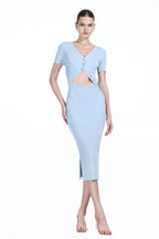 V-neck Short Sleeve Covered Buttons Cardigan & Matching Skirt 2Pics Knitted Set