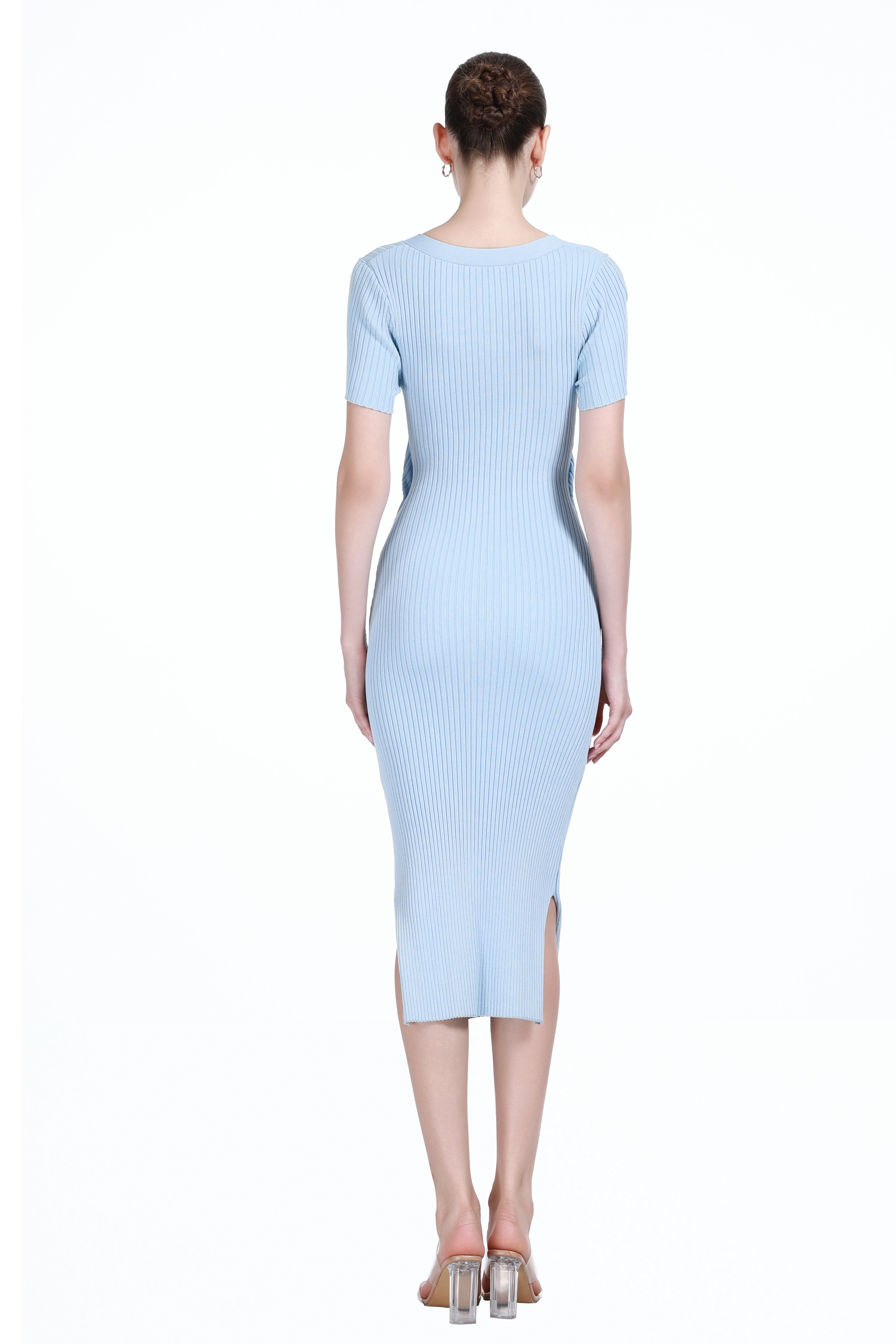 V-neck Short Sleeve Covered Buttons Cardigan & Matching Skirt 2Pics Knitted Set