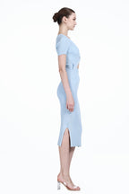 V-neck Short Sleeve Covered Buttons Cardigan & Matching Skirt 2Pics Knitted Set