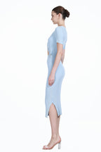 V-neck Short Sleeve Covered Buttons Cardigan & Matching Skirt 2Pics Knitted Set