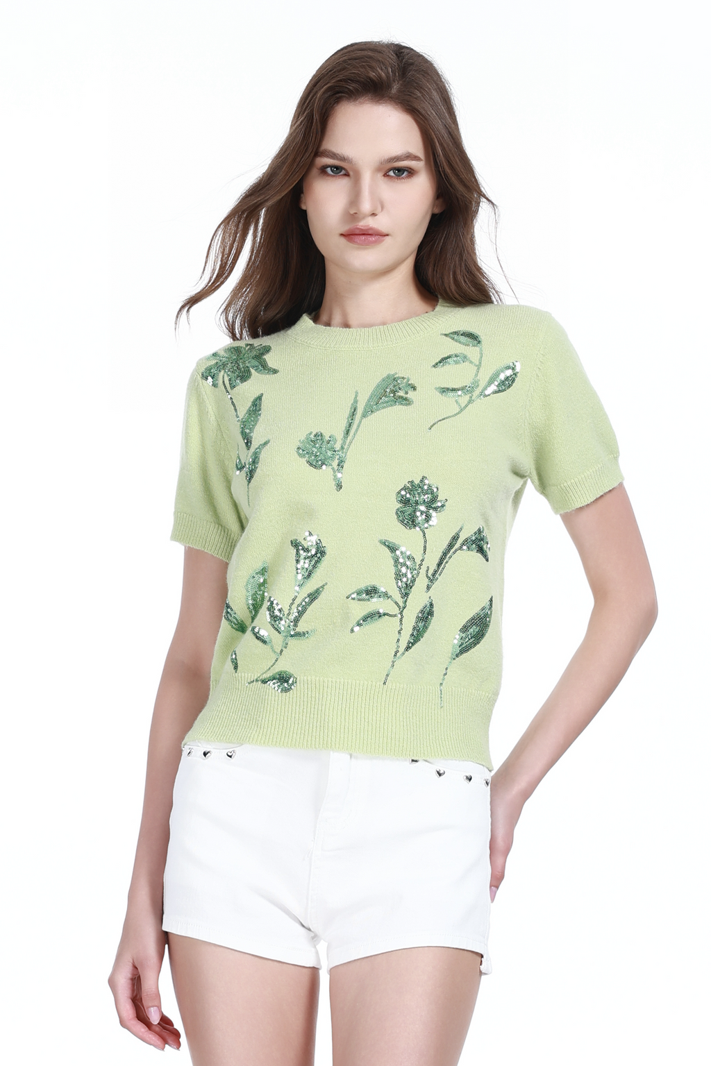 Crew-neck Short Sleeve 3D Sequin Floral Embroidery Knitted Top