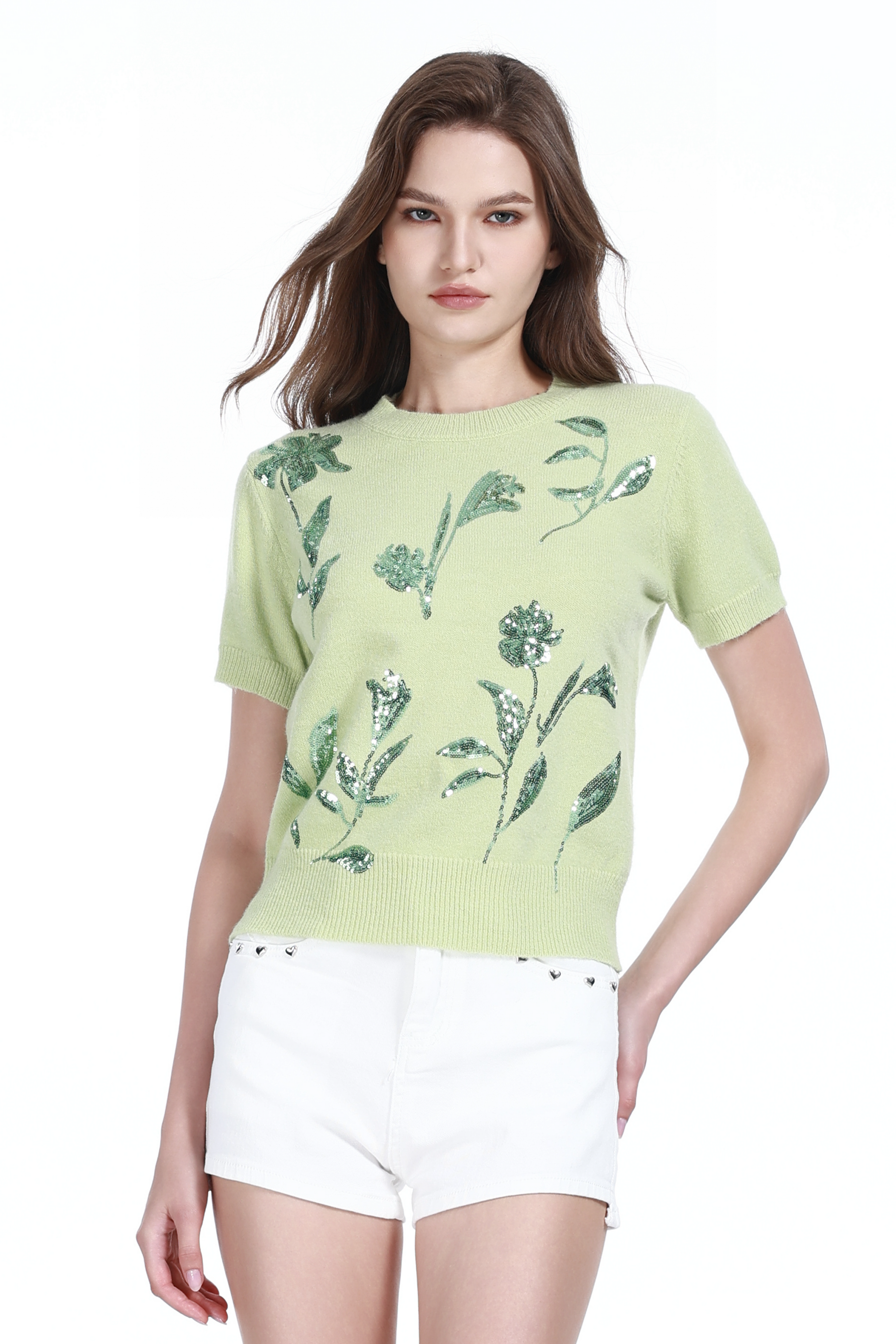 Crew-neck Short Sleeve 3D Sequin Floral Embroidery Knitted Top