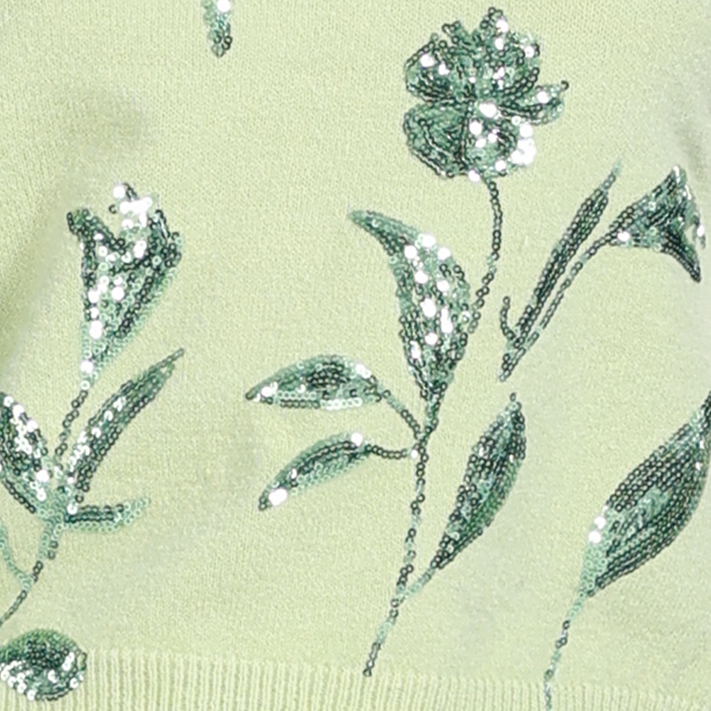 Crew-neck Short Sleeve 3D Sequin Floral Embroidery Knitted Top